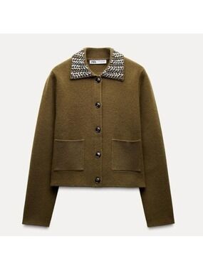 Zara ZW Collection 100% Wool Jewel Collar Cardigan Size XL